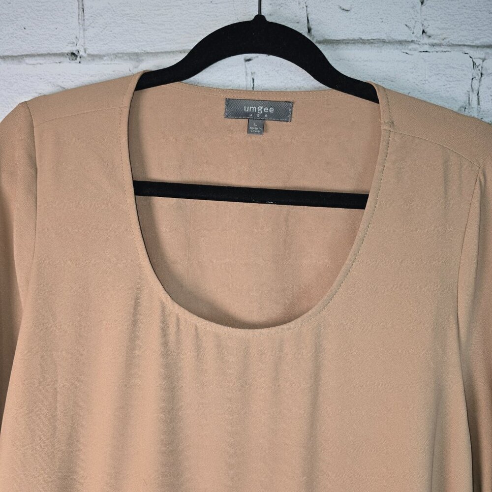 UMGEE LONG SLEEVE DRESS CUTOUT BACK EMBRODERED EDGING TAN COLOR SIZE LARGE EUC - Picture 6 of 8